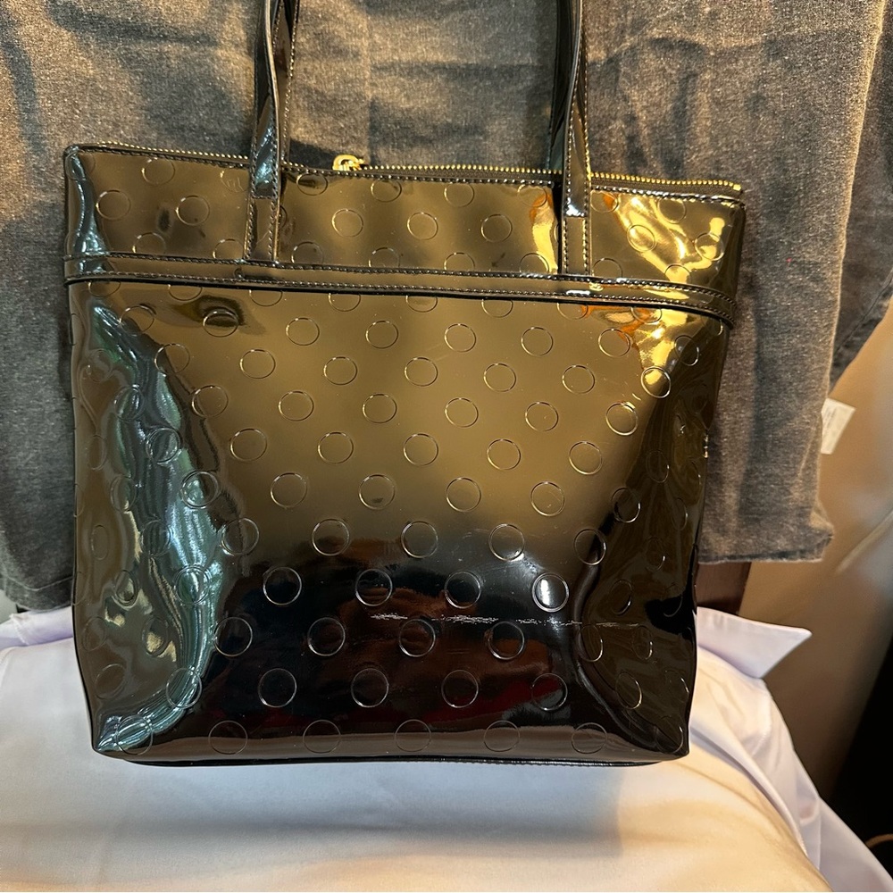 Kate Spade Black Patent Leather Polkadot Tote Bag Bow Detail - Picture 7 of 13